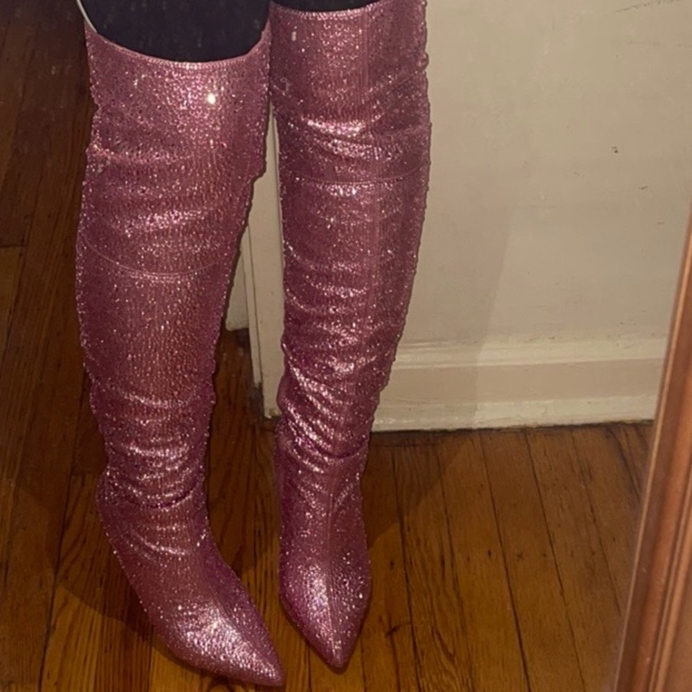 Rhinestone Embellished Striking Pink Tall thigh high Boots